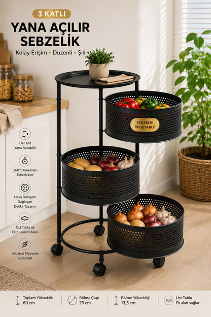 3 Katlı Tekerlekli Metal Sebzelik, Siyah, Yana Açılır Sepetli, Üst Tablalı, 60 cm