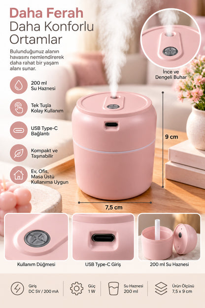Mini Hava Nemlendirici 200 ml, USB Type-C, 7,5 x 9 cm