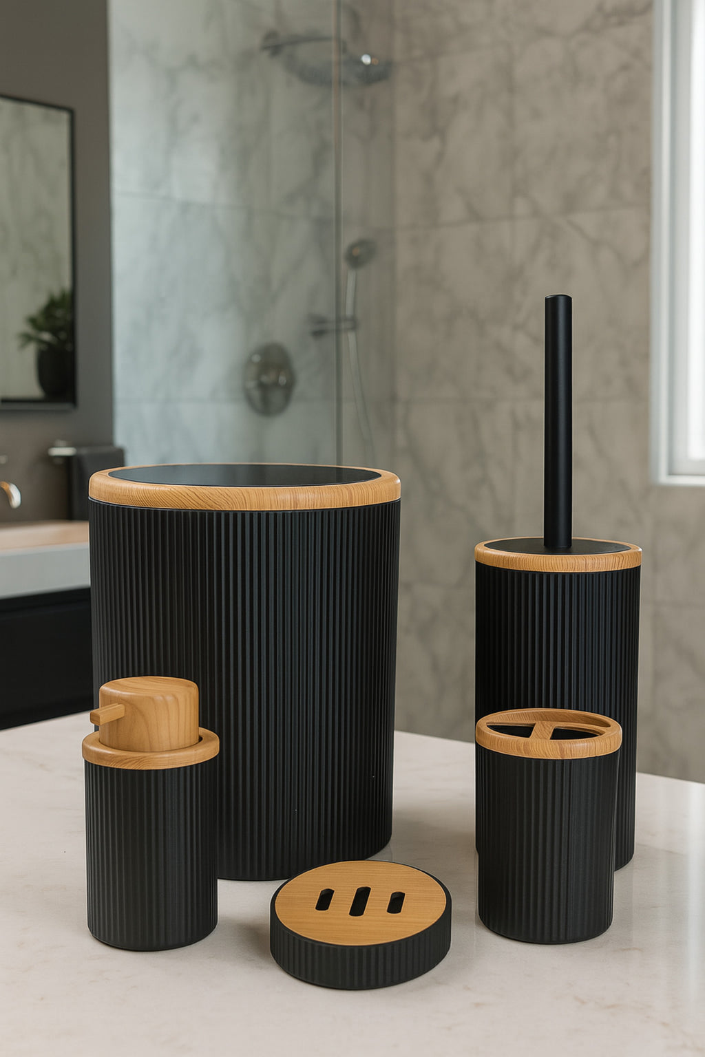 5 Parça Banyo Seti, Bambu Desen Siyah, Çöp Kovası, Fırçalık, Sıvı Sabunluk, Diş Fırçalık, Sabunluk