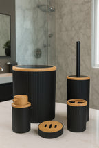 5 Parça Banyo Seti, Bambu Desen Siyah, Çöp Kovası, Fırçalık, Sıvı Sabunluk, Diş Fırçalık, Sabunluk