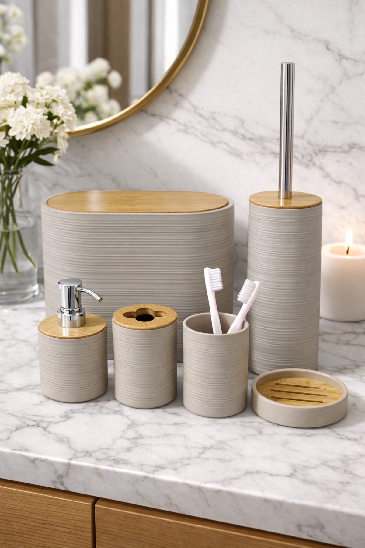 6 Parça Banyo Seti, Bambu Detaylı, 8L Çöp Kovası 24x26x16 cm – Toprak 317-6-D
