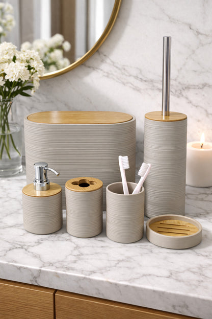 6 Parça Banyo Seti, Bambu Detaylı, 8L Çöp Kovası 24x26x16 cm – Toprak 317-6-D