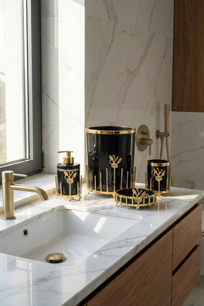 Gold Kaplama Metal Stantlı 5 Parça Mermer Desenli ve Düz Renk Seçenekli Banyo Aksesuar Takımı