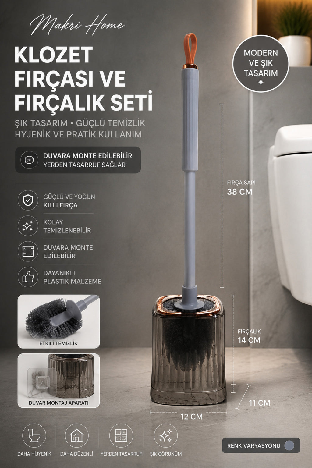 Duvara Monte Edilebilir Klozet Fırçası ve Fırçalık Seti, Gri Sap, 51 cm - görsel 2