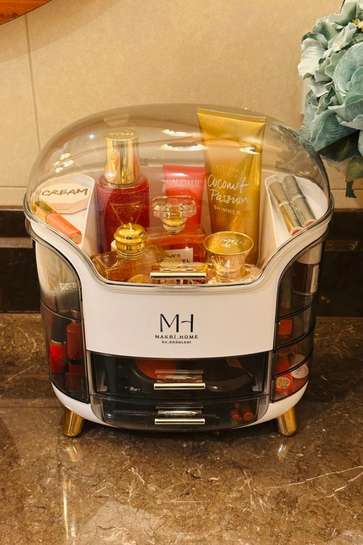 MultiBox Çok Gözlü Kırılmaz Şeffaf Kapaklı Makyaj Organizeri, Beyaz, 29 x 19 x 34 cm