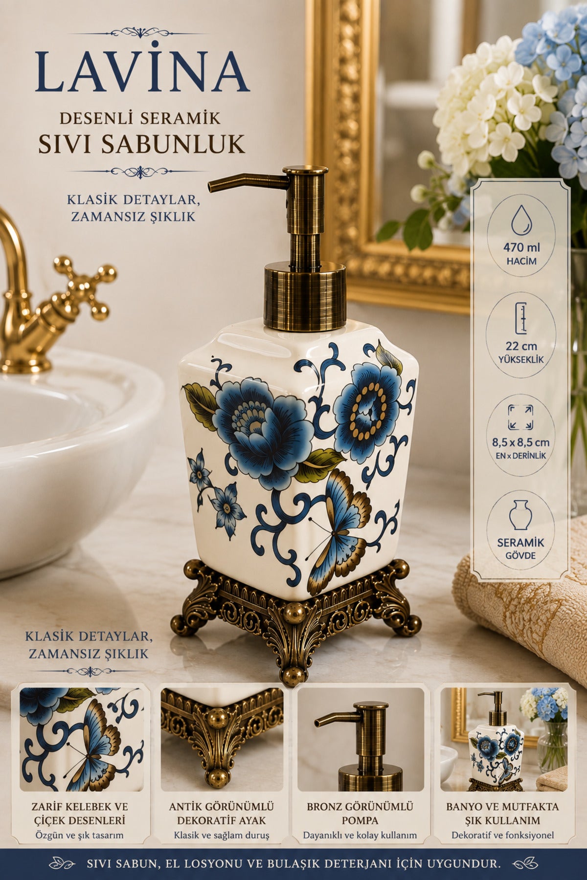 Lavina Seramik Sıvı Sabunluk, Krem, Bronz Ayaklı 470 ml