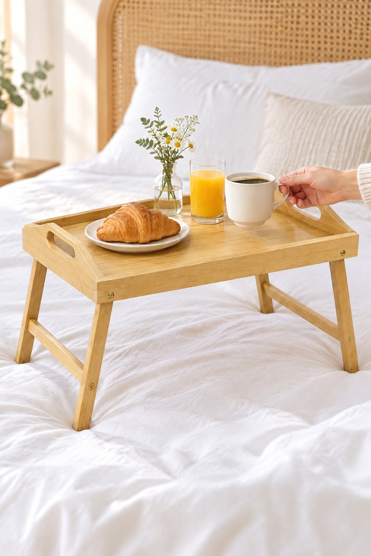 Katlanır Ayaklı Bambu Yatak Tepsisi, Kulplu Keyif ve Kahvaltı Tepsisi, 50x30 cm