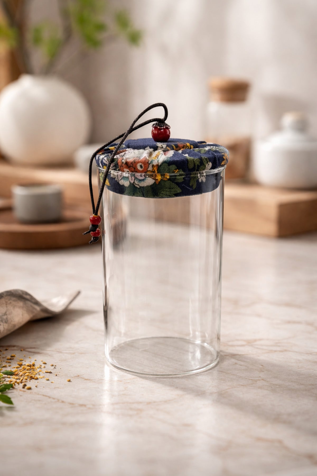 650 ml Borosilikat Cam Hava Geçirmez Kumaş Kaplama Bambu Kapaklı Kavanoz, çap: 8 cm, h: 18 cm
