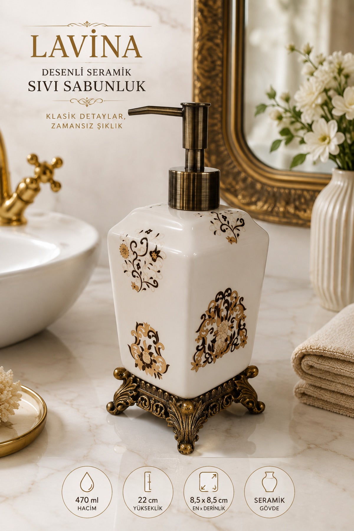 Lavina Seramik Sıvı Sabunluk, Krem, Bronz Ayaklı 470 ml – Saray