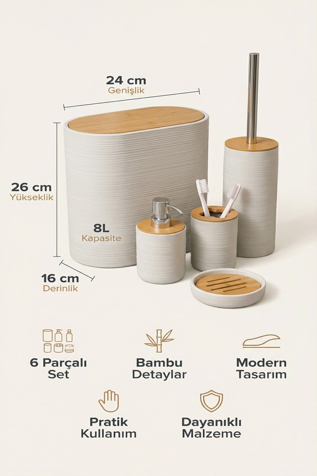 6 Parça Banyo Seti, Bambu Detaylı, 8L Çöp Kovası 24x26x16 cm