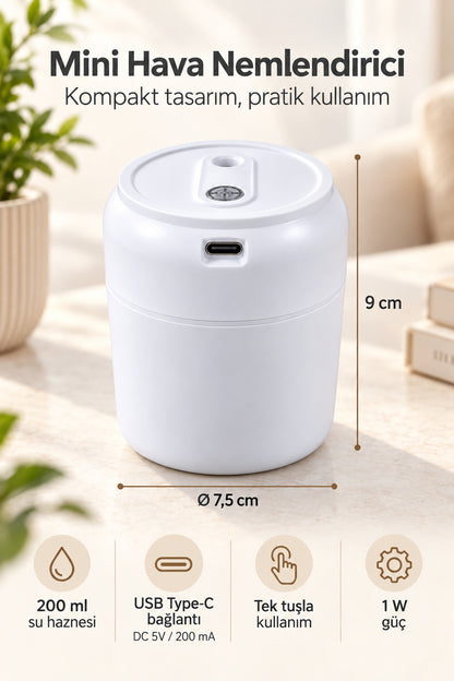Mini Hava Nemlendirici 200 ml, USB Type-C, 7,5 x 9 cm