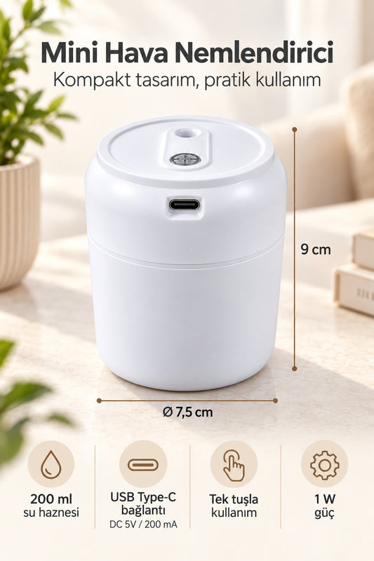 Mini Hava Nemlendirici 200 ml, USB Type-C, 7,5 x 9 cm
