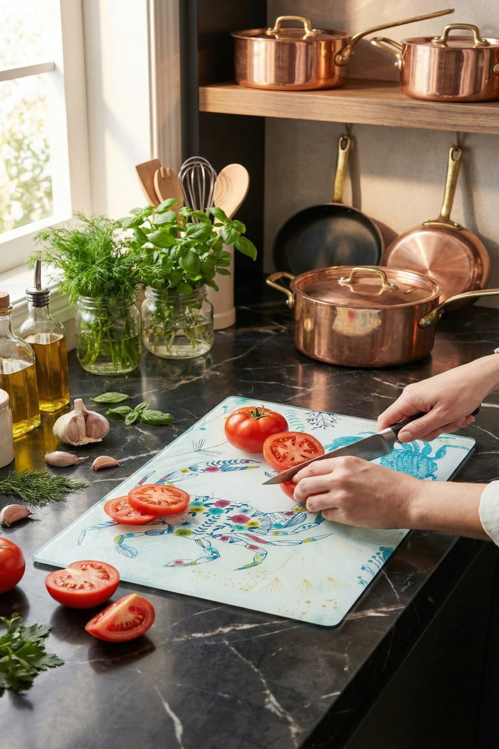 Cam Kesme Tahtası Kırılmaz Temperli 25x35 cm Yengeç Desenli Kaymaz