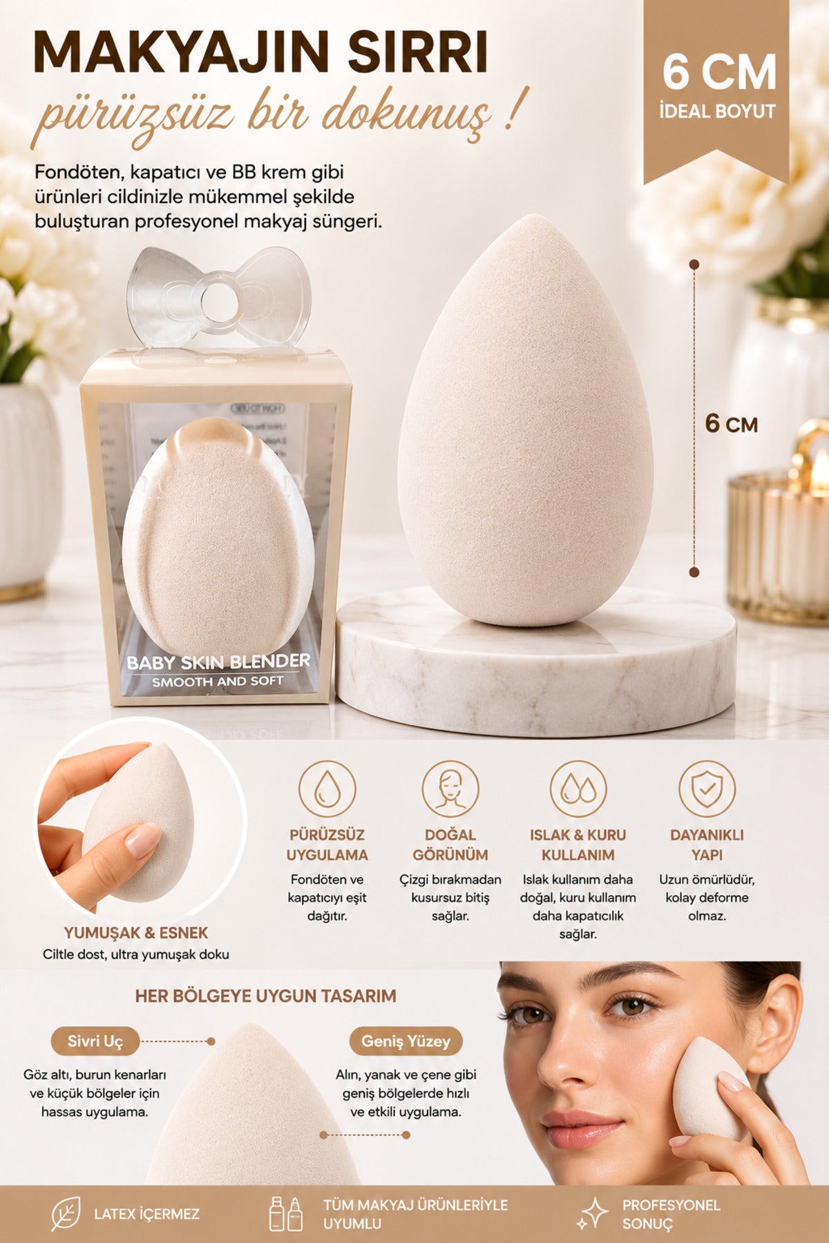Makyaj Süngeri Krem Beauty Blender Fondöten ve Kapatıcı Uygulama Süngeri, 6 cm - görsel 2