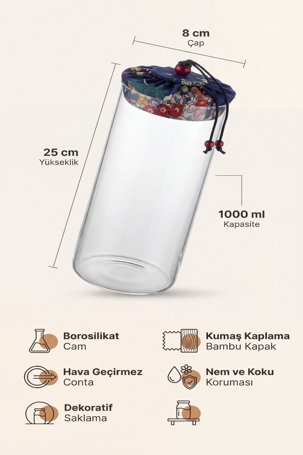 1000 ml Borosilikat Cam Hava Geçirmez Kumaş Kaplama Bambu Kapaklı Kavanoz, çap:8 cm, h:25 cm