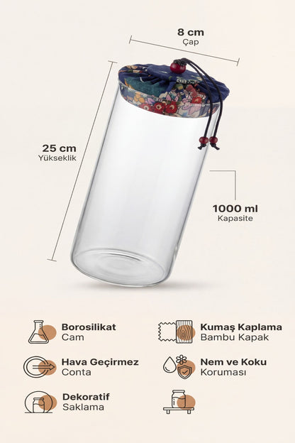 1000 ml Borosilikat Cam Hava Geçirmez Kumaş Kaplama Bambu Kapaklı Kavanoz, çap:8 cm, h:25 cm