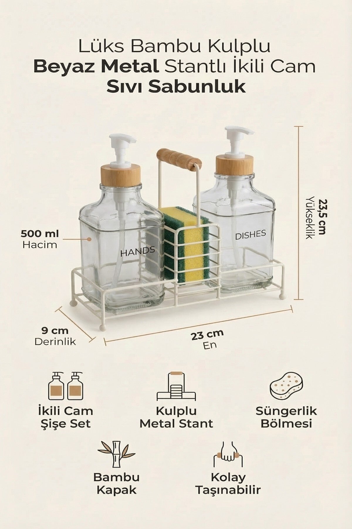 Lüks Bambu Kulplu Metal Stantlı İkili Cam Sıvı Sabunluk 500 ml, 23x9x23,5 cm