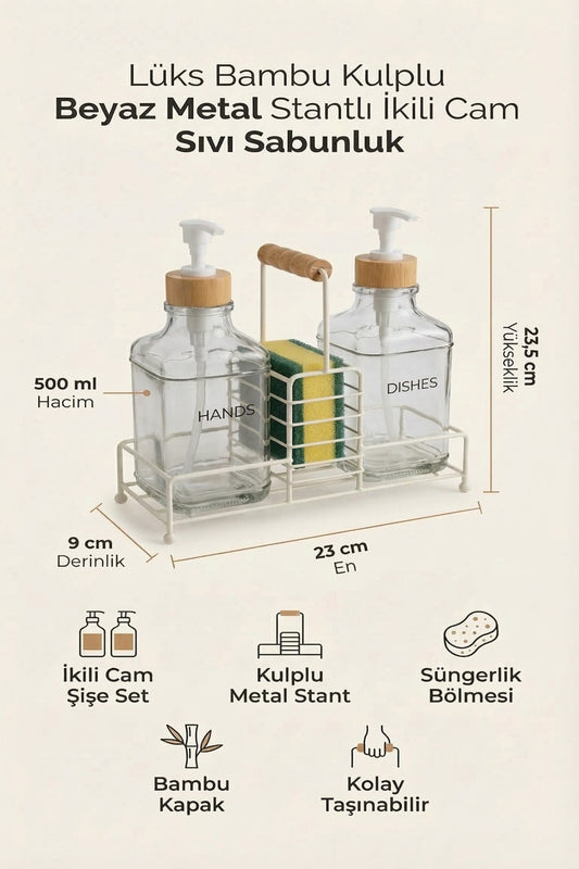 Lüks Bambu Kulplu Metal Stantlı İkili Cam Sıvı Sabunluk 500 ml, 23x9x23,5 cm