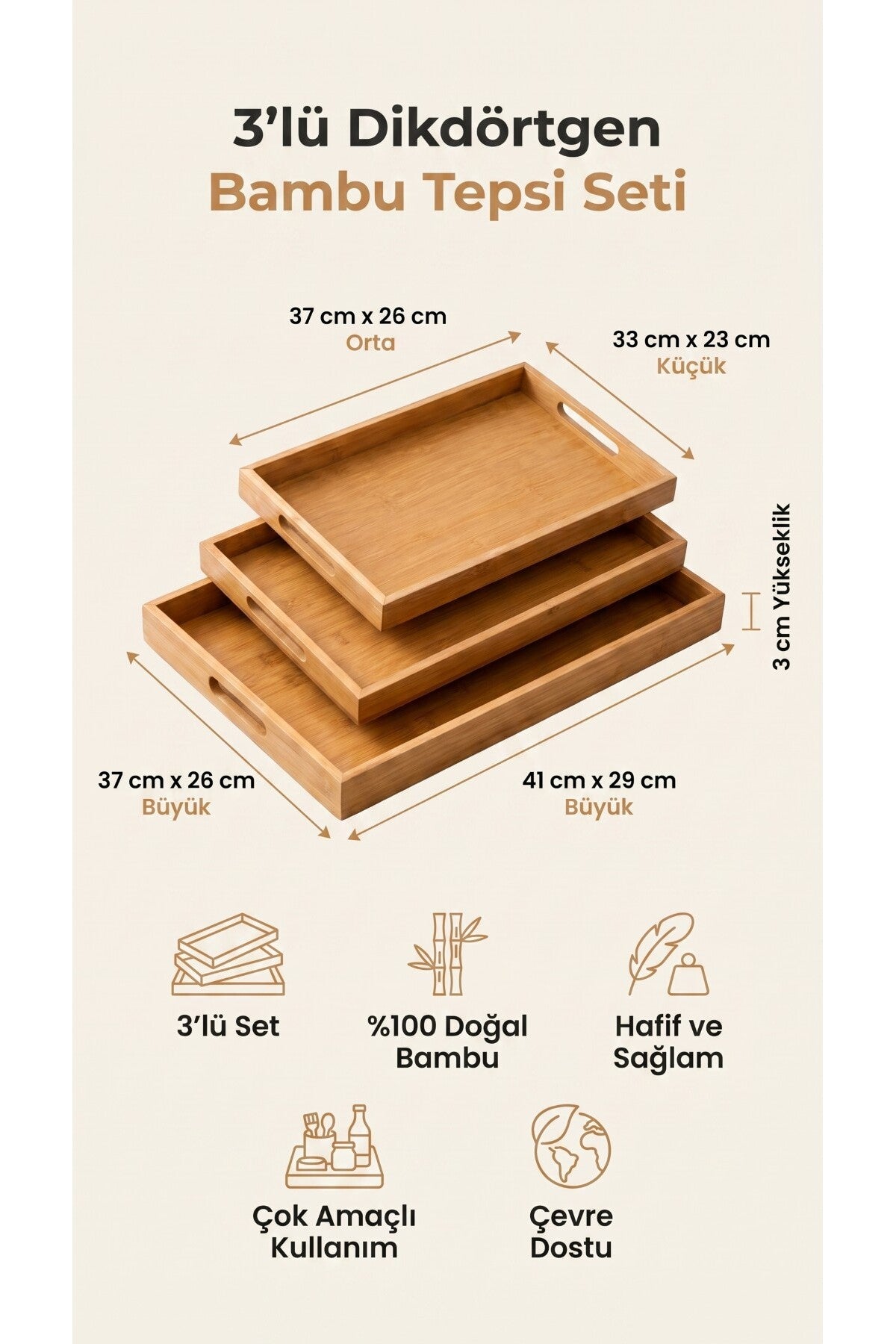 3'lü Dikdörtgen Bambu Sunum & Servis Tepsisi Seti, Büyük: 29 x 41 cm, Orta: 26 x 37 cm, Küçük: 23 x 33 cm - görsel 2