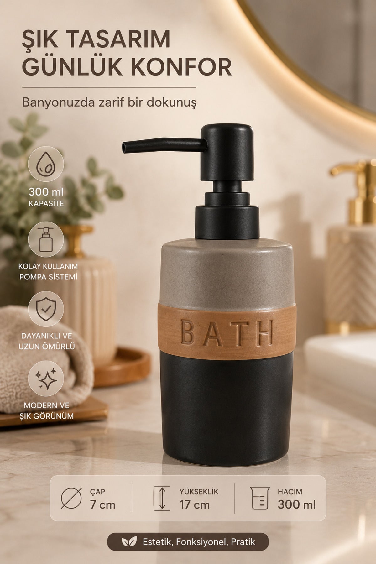 300 ml Seramik Lenora Sıvı Sabunluk, 7 cm çap, 18 cm yükseklik