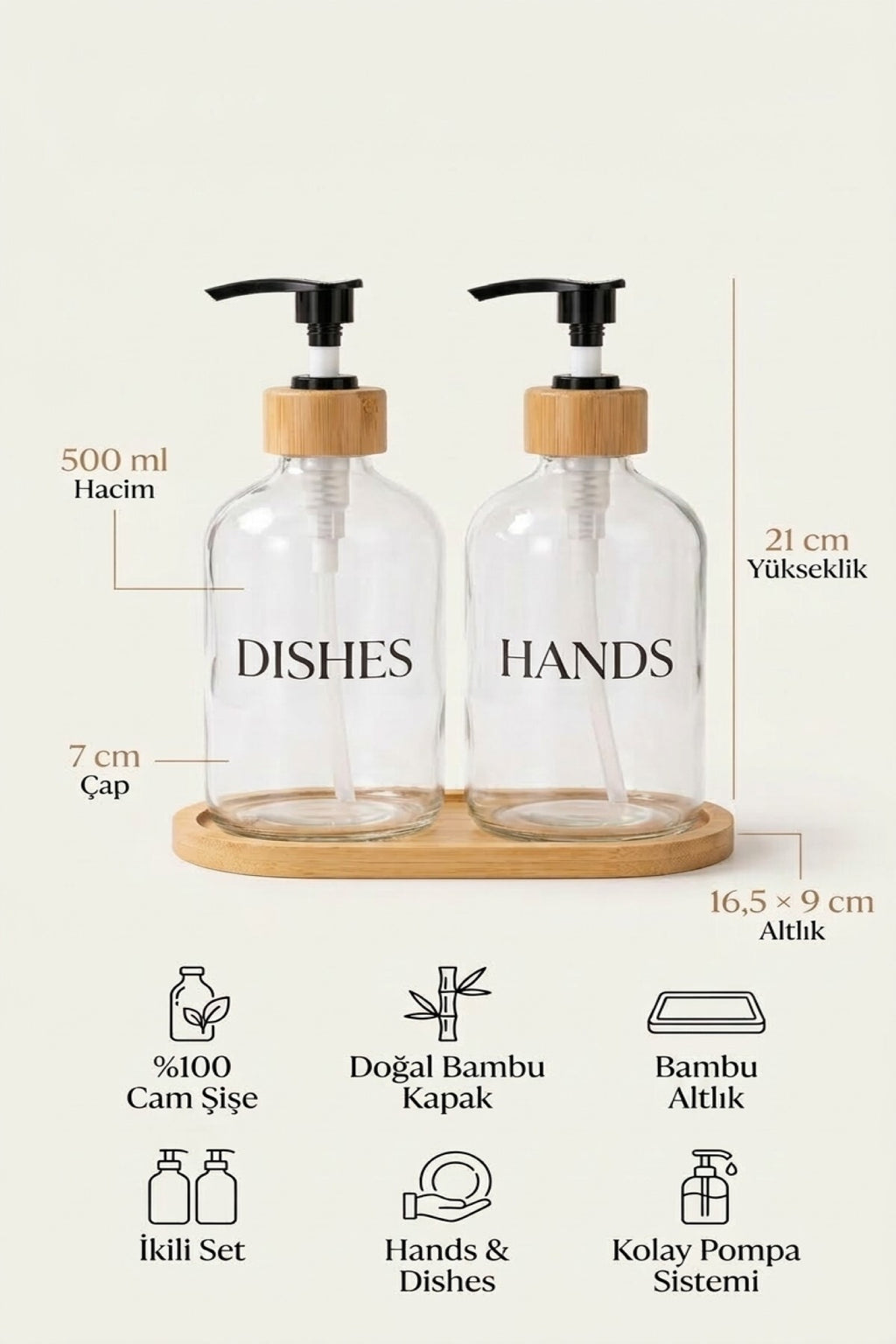 Bambu Altlıklı Bambu Kapaklı İkili Cam Sıvı Sabunluk & Deterjanlık Seti – 2×500 ML- 16,5 x 9 x 21 cm