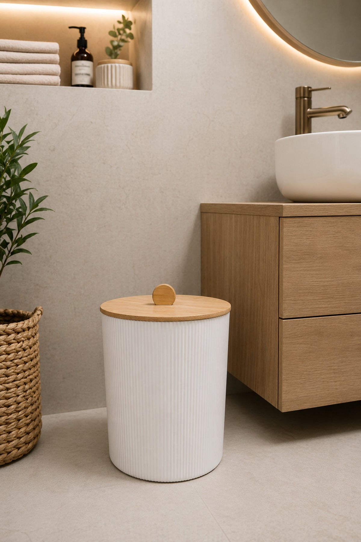 Doğal Bambu Kapaklı Çöp Kovası, 7 Litre, 20x23 cm Modern Şık Tasarım
