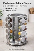 16'lı Döner Baharatlık Seti Krom Yuvarlak Stantlı 118 ml Cam Kavanoz – 360° Döner 29x20 cm