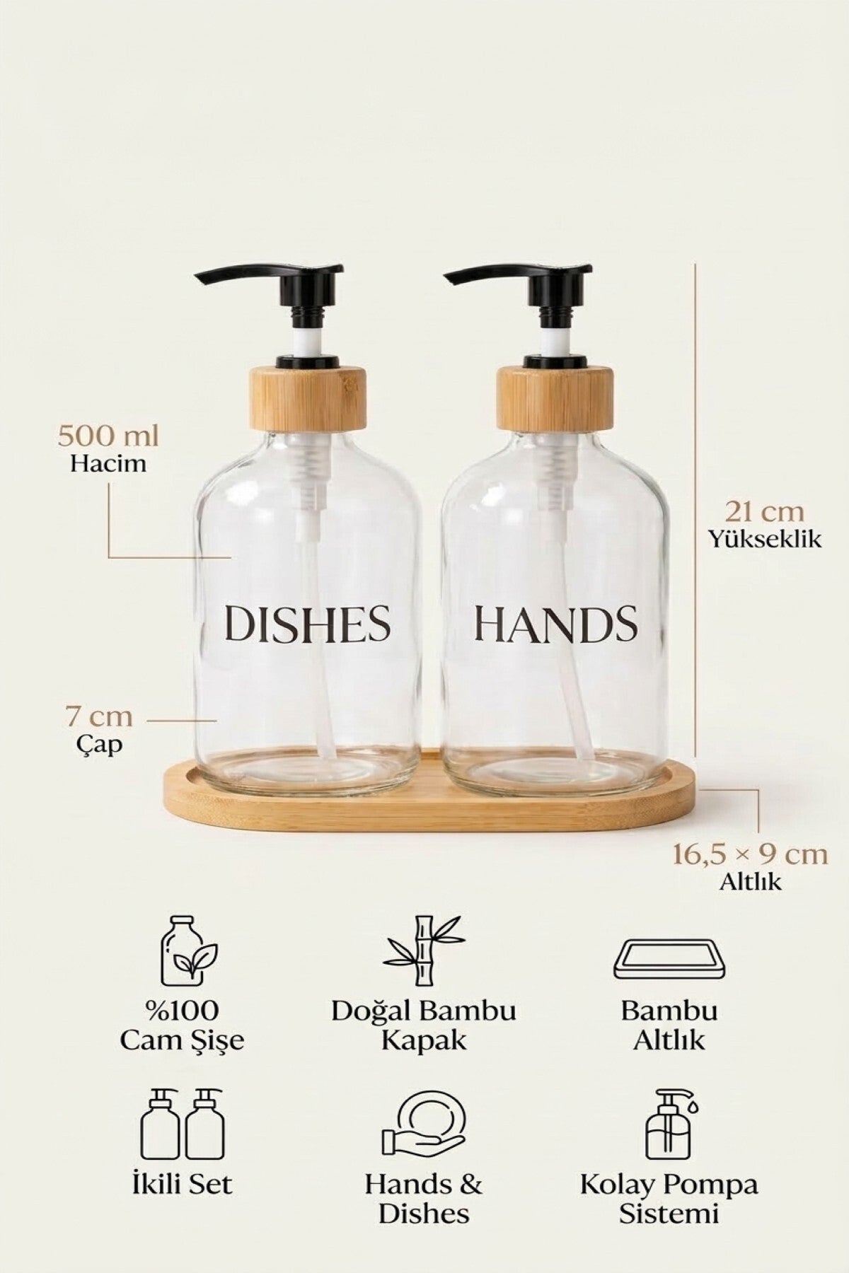 Bambu Altlıklı Bambu Kapaklı İkili Cam Sıvı Sabunluk & Deterjanlık Seti – 2×500 ML- 16,5 x 9 x 21 cm