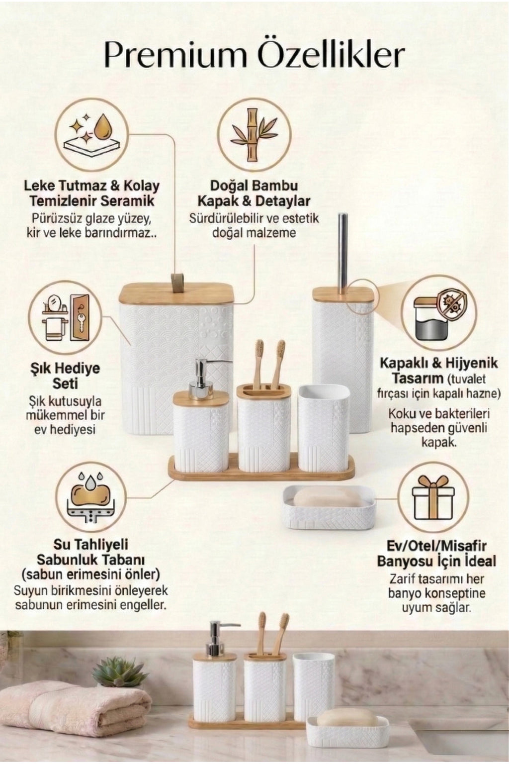 Desenli 7 Parça Bambu Kapaklı ve Aksesuarlı Banyo Seti