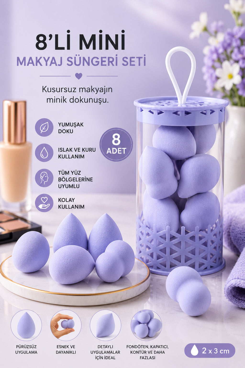 Mini Boy 8'li Mor Makyaj Süngeri Seti- 2 cm x 3 cm Makyaj Uygulama Süngeri - görsel 2