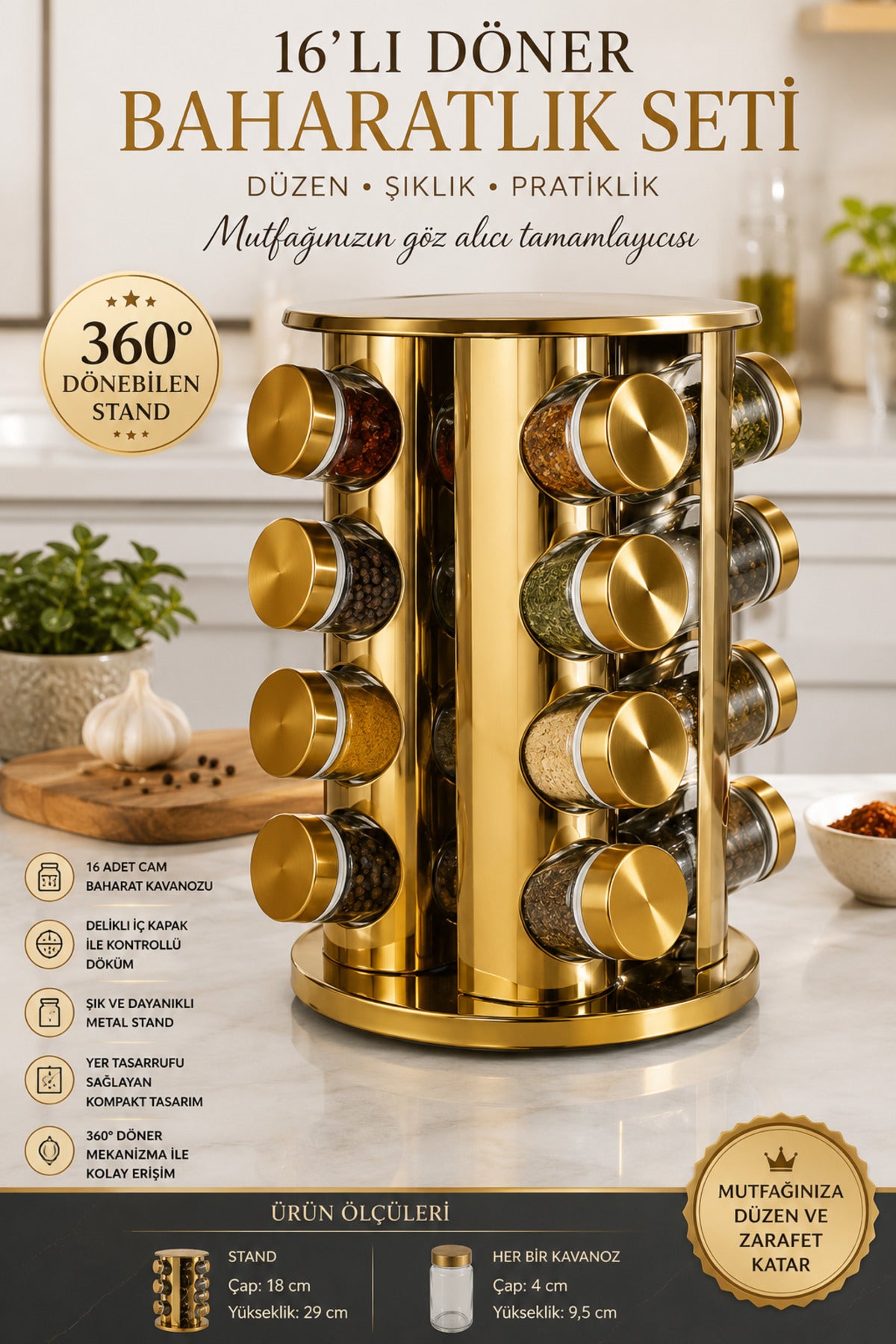 16'lı Döner Altın Renk Yuvarlak Metal 360° Döner Stantlı Baharatlık Seti, 18 cm çap, 29 cm yükseklik
