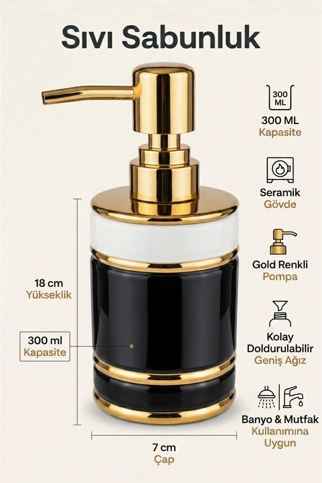 Seramik Sıvı Sabunluk, 300 ml, 7x18 cm - görsel 2
