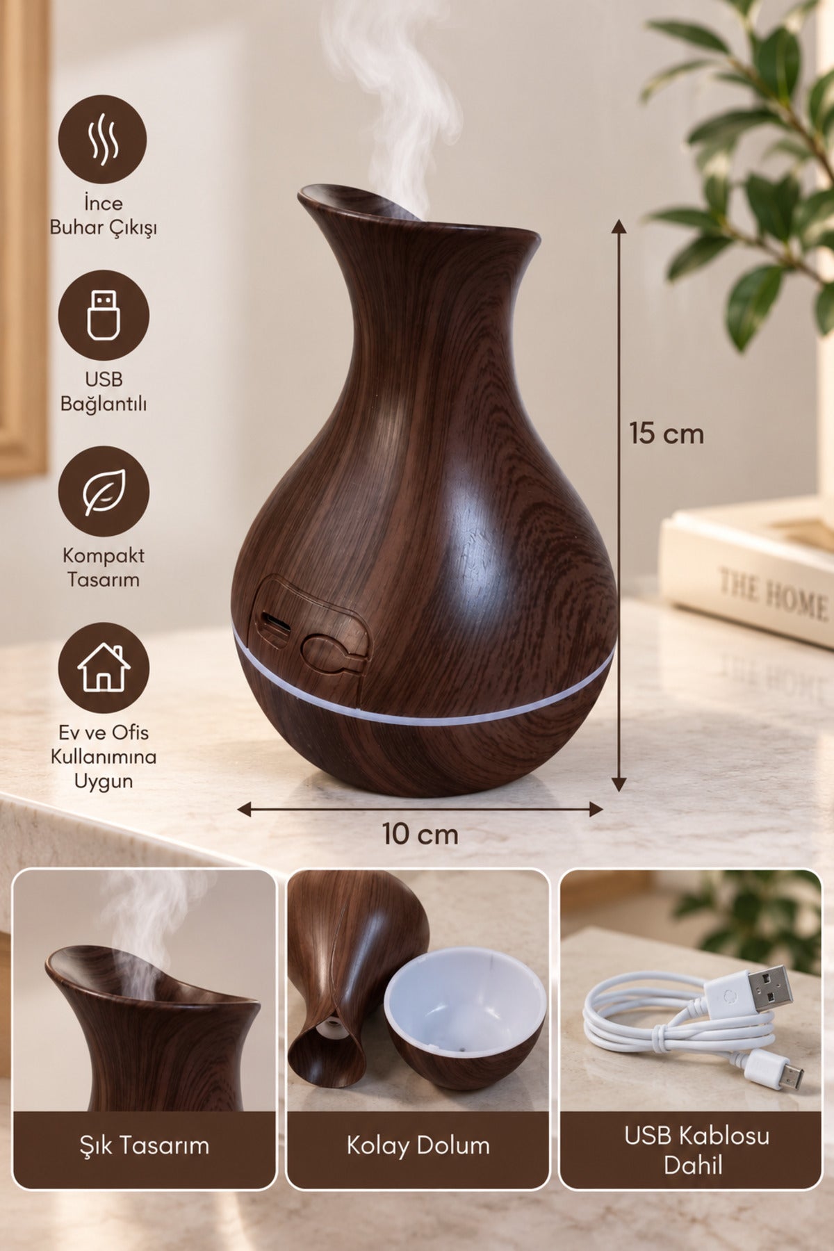 Ahşap Görünümlü Aroma Difüzörü ve Hava Nemlendirici USB 15x10 cm