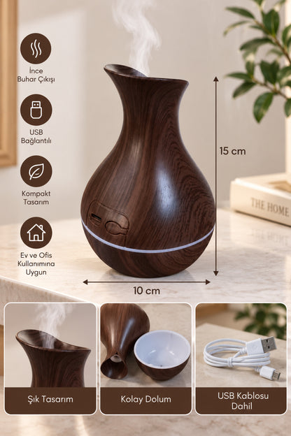 Ahşap Görünümlü Aroma Difüzörü ve Hava Nemlendirici USB 15x10 cm