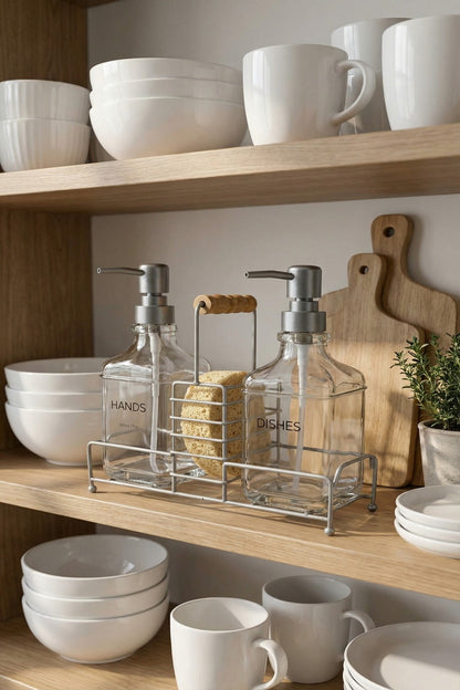 Lüks Bambu Kulplu Metal Stantlı İkili Cam Sıvı Sabunluk 500 ml, 23x9x23,5 cm