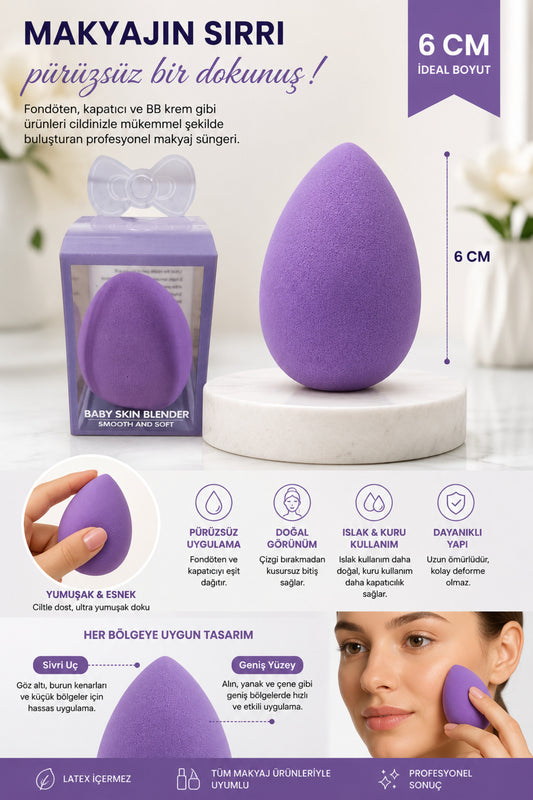 Makyaj Süngeri Mor Beauty Blender Fondöten ve Kapatıcı Uygulama Süngeri, 6 cm