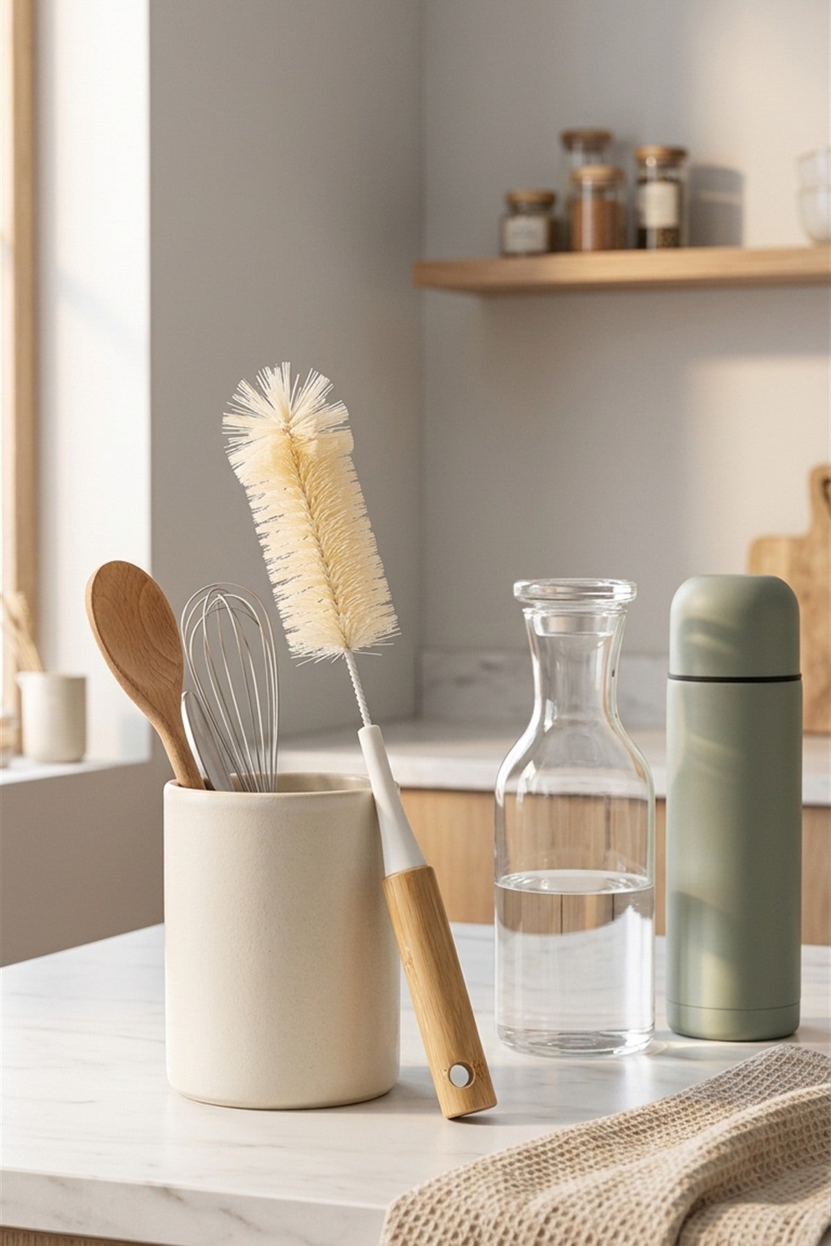 Bambu Saplı Uzun Şişe, Sürahi ve Termos Temizleme Fırçası, 33 cm