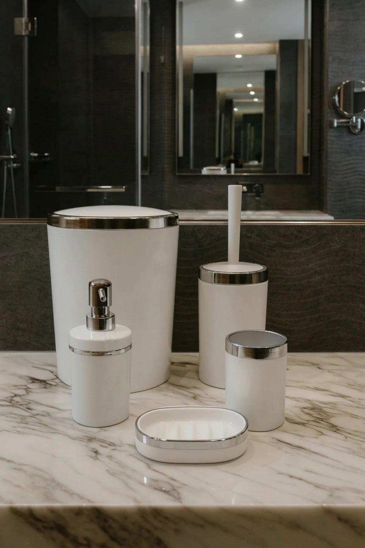 Banyo Seti 5'li,akrilik-çöpkovası,wc Fırçalık,sıvı Sabunluk,diş Fırçalık,el Sabunluk