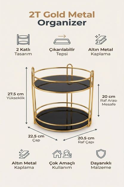 2 Katlı Gold Metal Organizer, Sunumluk, İkramlık, 27,5 cm yükseklik, 22,5 cm Çap