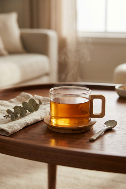 Bambu Kulplu ve Altlıklı Cam Kupa 200 ml – Borosilikat Cam – Çizgili
