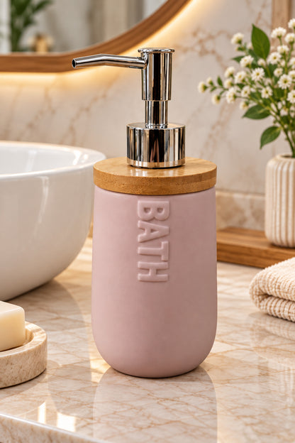 Seramik Sıvı Sabunluk Bambu Kapaklı 460 ml 8,5x20 cm – Pudra Pembe