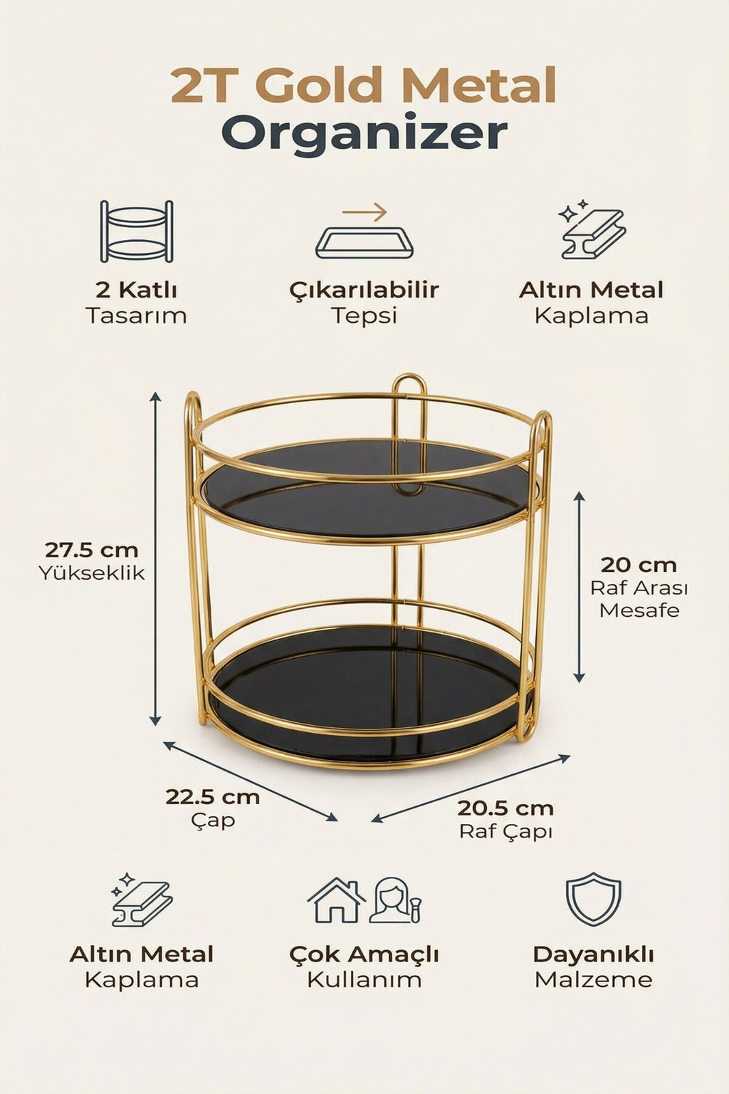 2 Katlı Gold Metal Organizer, Sunumluk, İkramlık , 27,5 cm yükseklik, 22,5 cm Çap - görsel 2