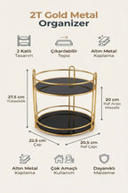 2 Katlı Gold Metal Organizer, Sunumluk, İkramlık , 27,5 cm yükseklik, 22,5 cm Çap - görsel 2