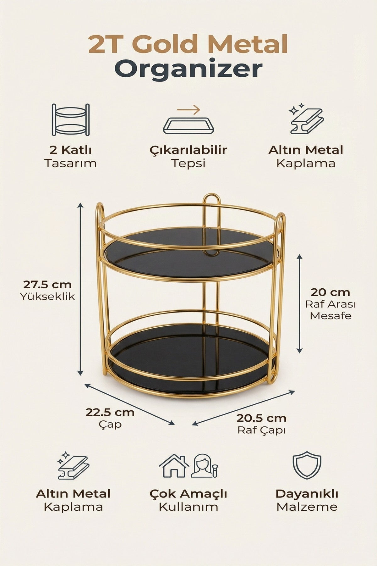 2 Katlı Gold Metal Organizer, Sunumluk, İkramlık , 27,5 cm yükseklik, 22,5 cm Çap - görsel 2
