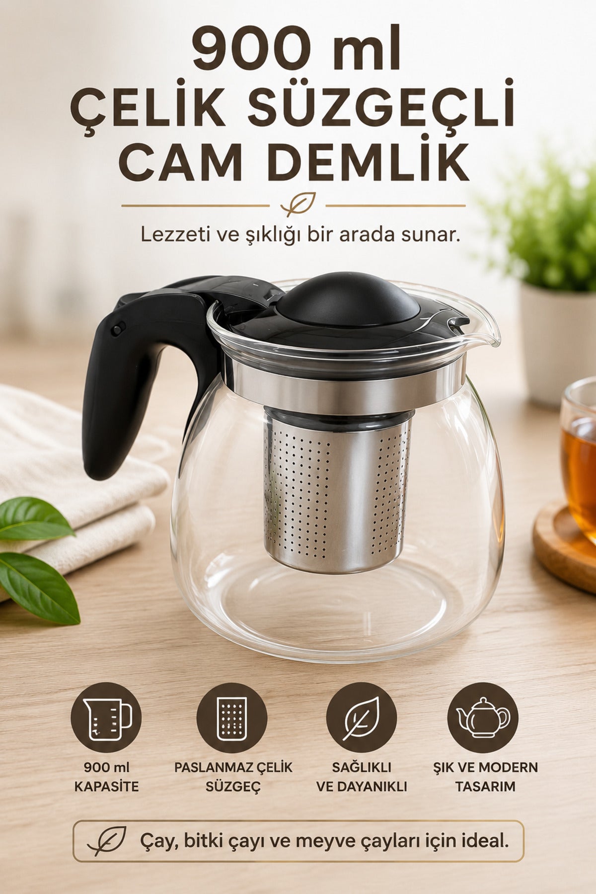 900 ML Çelik Süzgeçli Cam Demlik