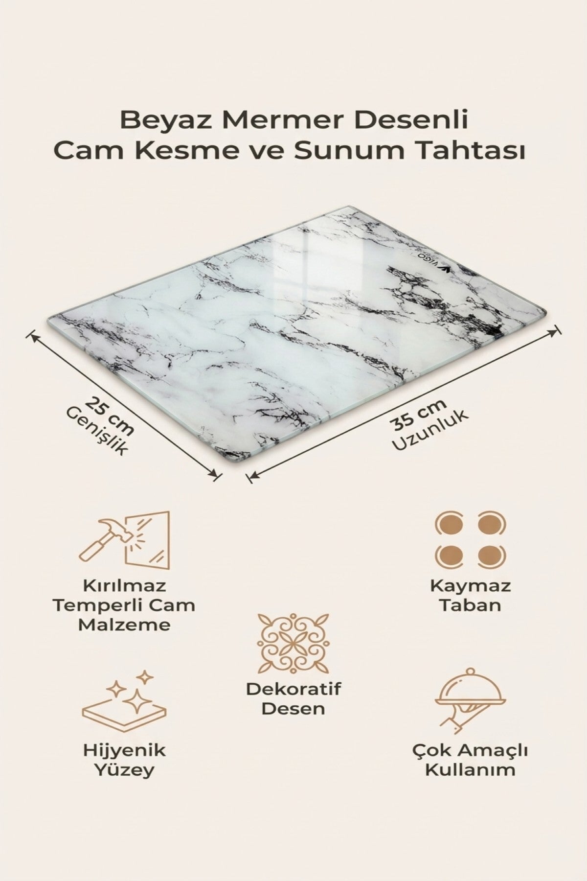 Cam Kesme Tahtası Kırılmaz Temperli 25x35 cm Beyaz Mermer Desenli Kaymaz - Görsel 2
