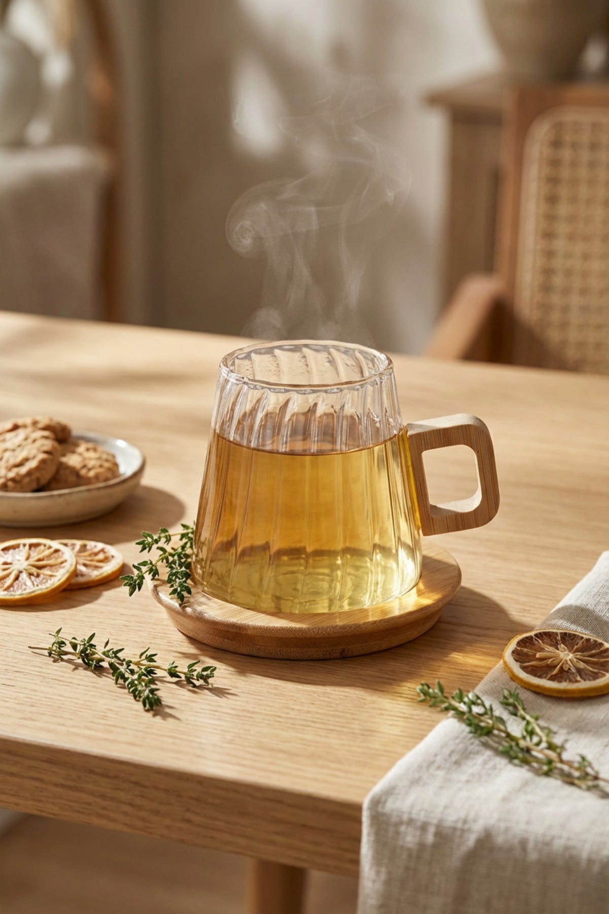 Bambu Kulplu ve Altlıklı Cam Kupa 200 ml – Borosilikat Cam