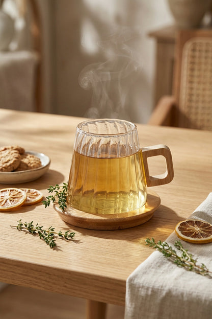 Bambu Kulplu ve Altlıklı Cam Kupa 200 ml – Borosilikat Cam