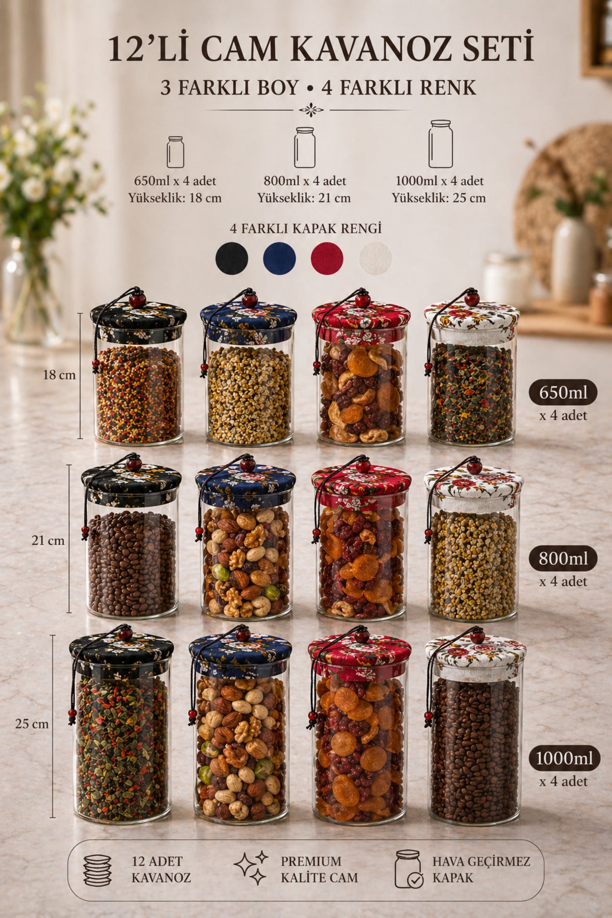 12’li Cam Kavanoz Seti, 4'er adet 650-800-1000 ml kavanoz, çap:8 cm, yükseklikler: 18-21-25 cm. - görsel 2