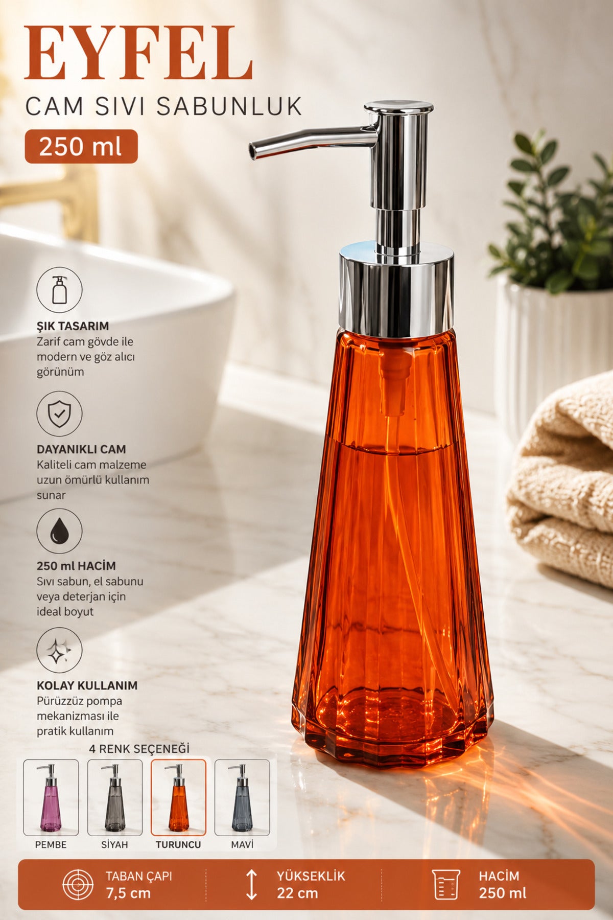 Eyfel Cam Sıvı Sabunluk 250 ml, 7,5x22 cm – Turuncu